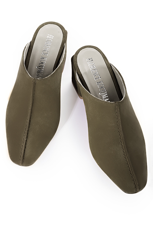 Khaki green women's clog mules. Square toe. Medium block heels. Top view - Florence KOOIJMAN